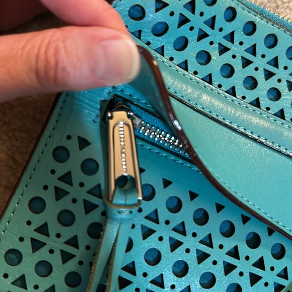 Aqua laser-cut leather Rebecca Minkoff M.A.C. crossbody bag w/ silver hardware - Picture 4 of 12